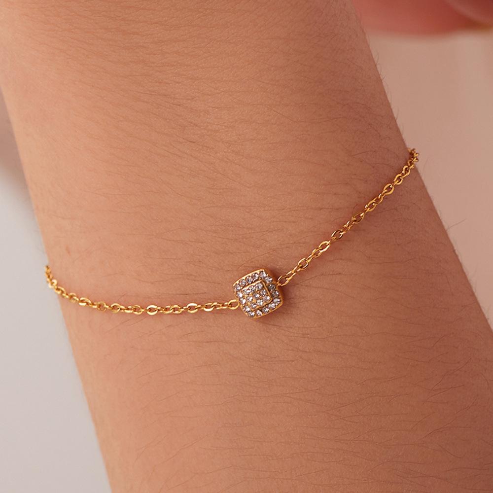 Retro Hong Kong-Inspired Exquisite Women's Bracelet: 18K Gold Titanium Steel with Zircon Square Pendant Beads.