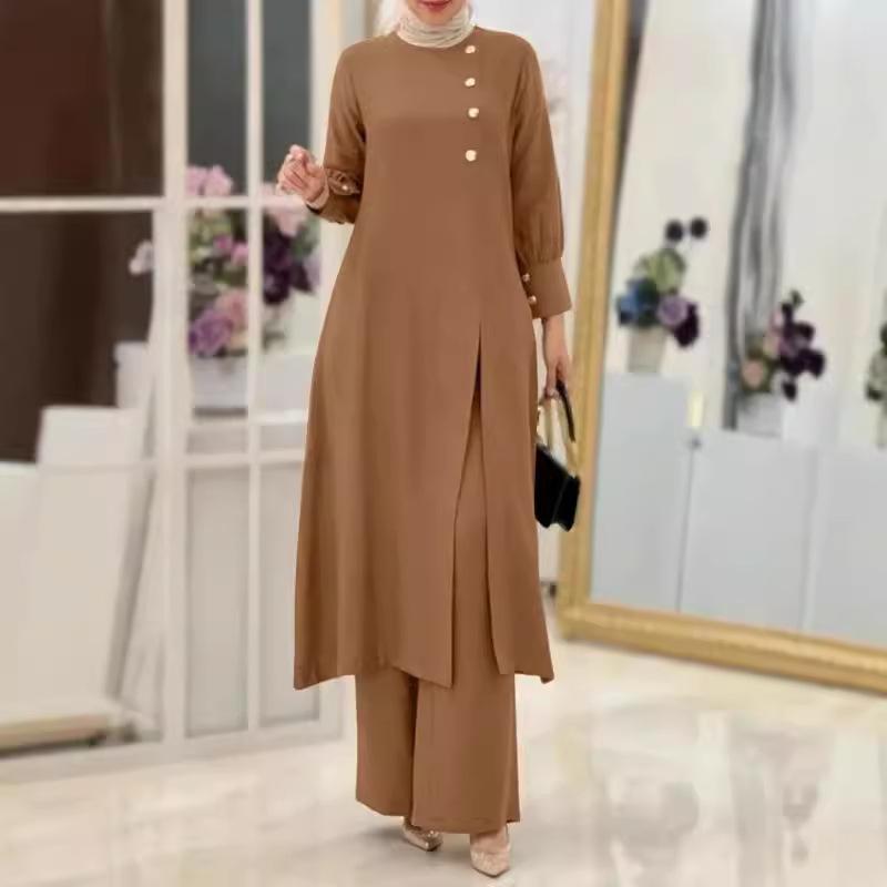 Women's Plus Size Two Piece Elegant Solid Color Side Slit Long Shirt Wide Leg Pant Suit