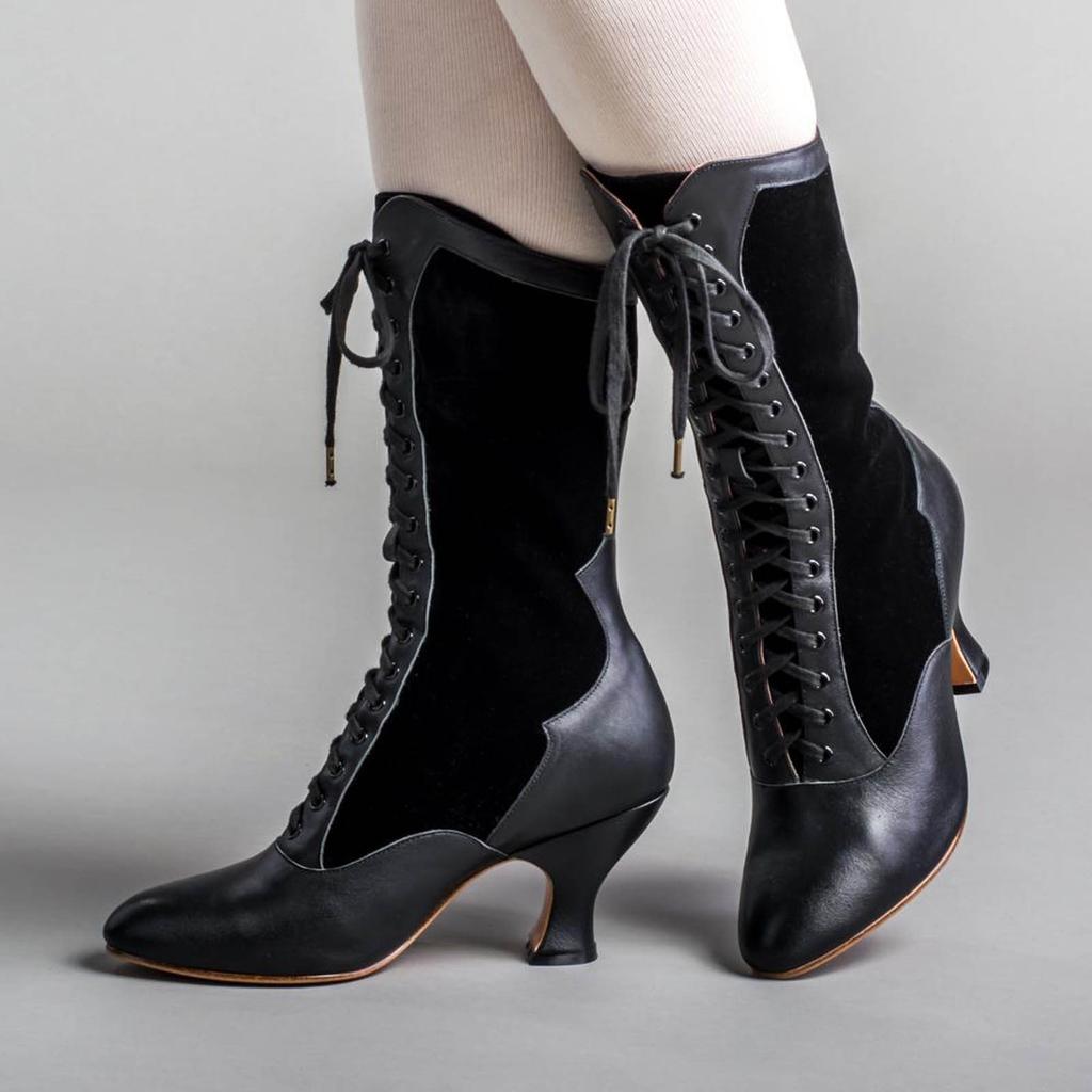 Vintage Block Heel Green Lace Up Boots For Women Wide Calf Riding Boots Fashion Color Blocking Patchwork Western Knight Shoes