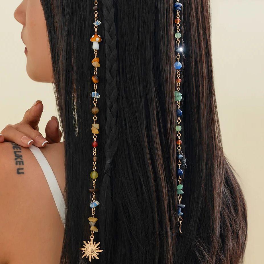 Ingemark Vintage Metal Sun Moon Pendant Hair Clip Chain Women Romantic Trendy Crystal Acrylic Beads Long Tassel Hair Accessories