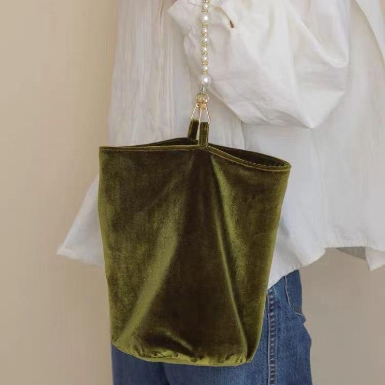 Ielgy Plush Bag Retro Green Velvet Pearl Chain High-End Niche All-Match Portable One-Shoulder Cloth Bag