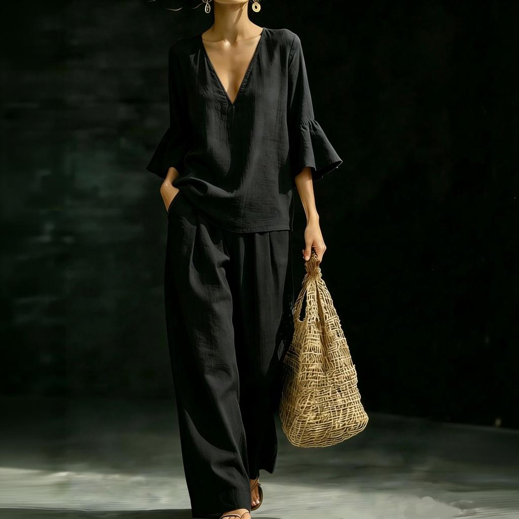 Women's Cotton Linen Two Piece Set V Neck Ruffle Sleeve Top and Loose Fit Casual Wide Leg Pants Lightweight Breathable Outfit