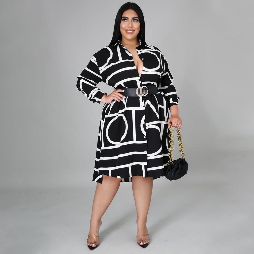 Plus Size Women's Printed Pleated Waist Dress - European and American Style