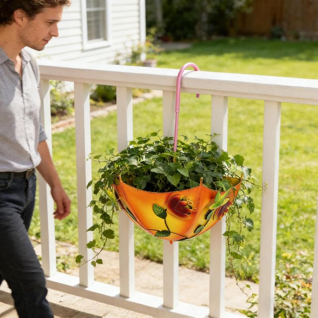 Pianta Fioriera da Parete a Forma di Ombrello in Ferro Stile Rustico con Fori di Drenaggio Senza Trapano Antiruggine per Giardino Patio Balcone