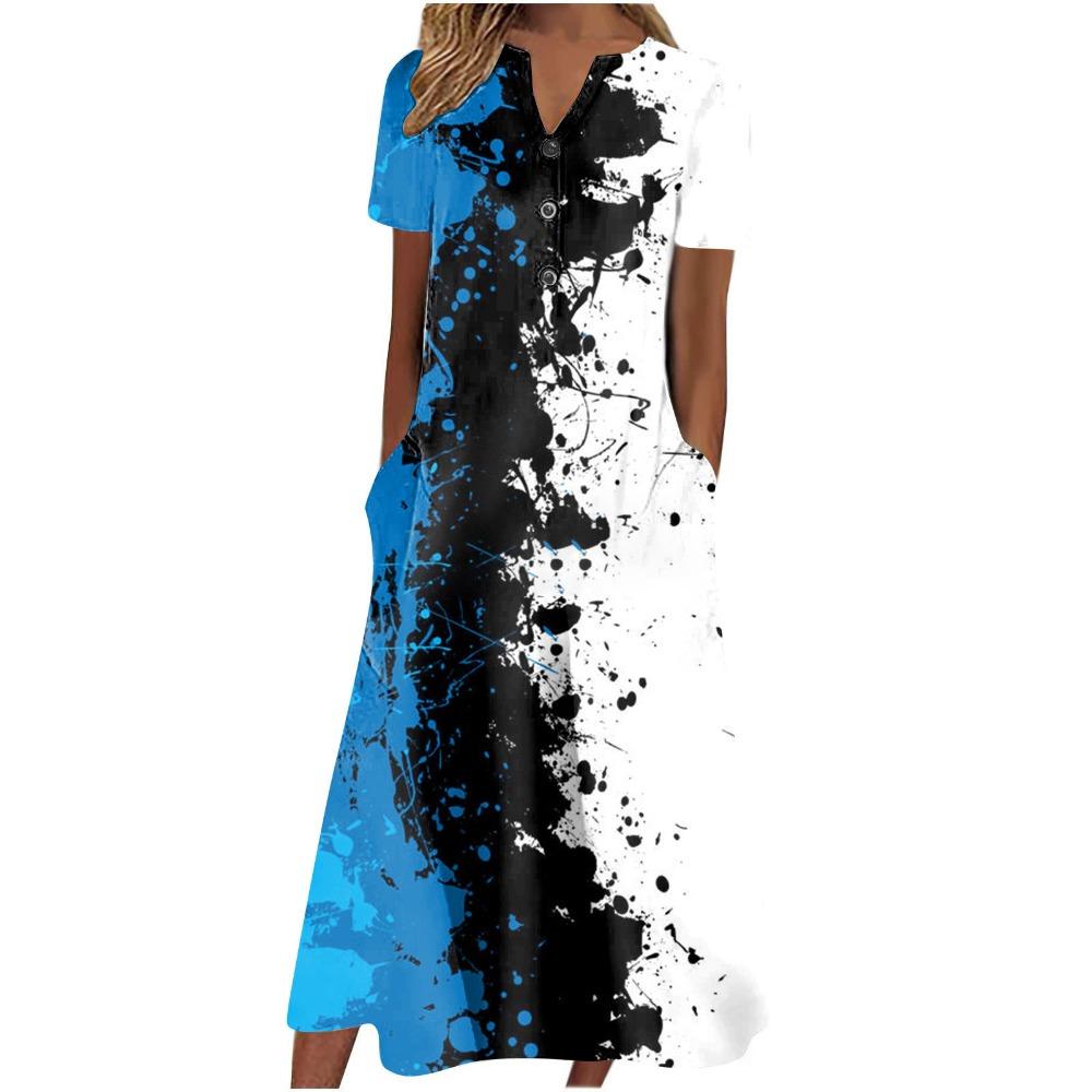 Women's V‑Neck Button Short Sleeve Midi Dress Loose Printed Casual Dress With Side Pockets