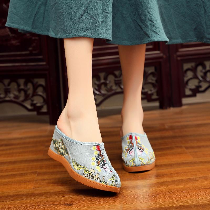 Casual High Heel Embroidered Slippers Woman Chinese Style Theatrical Face Oxford Flat Women's Shoes Home Slippers Wedge Shoes
