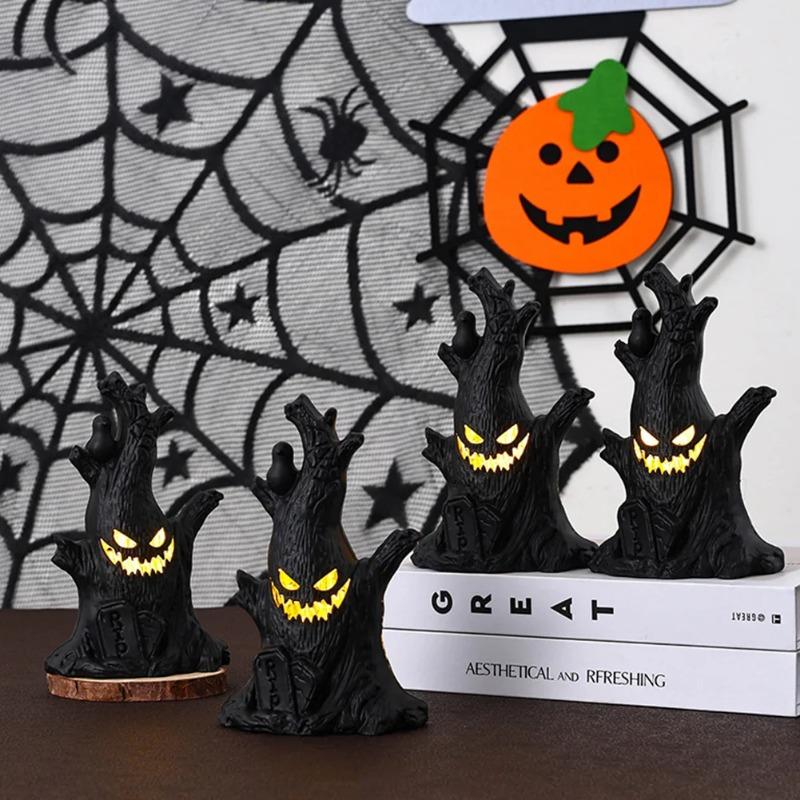 1-10PCS Halloween LED Ghost Face Tree Statue with BatterySpooky Tree Demon Statue Tabletop Bark Face Figurine for Indoor Outdoor