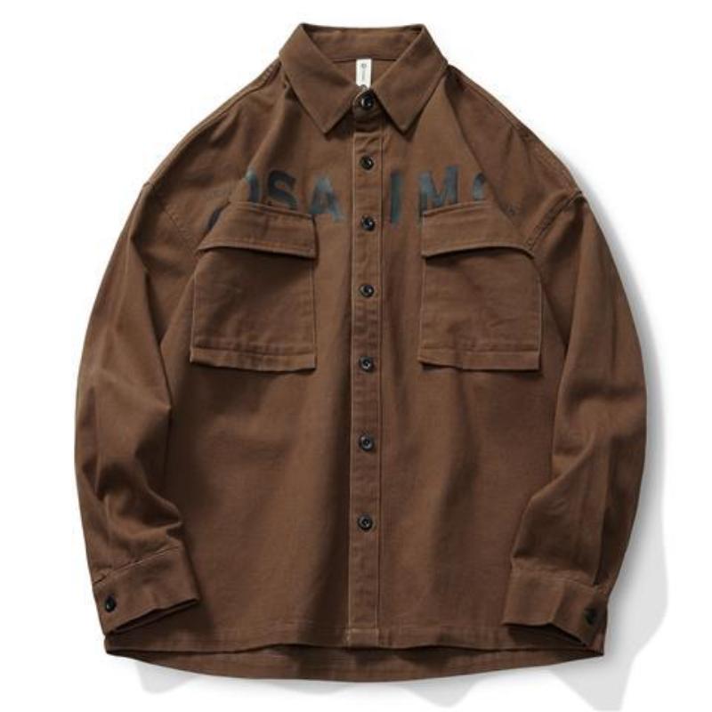 

Мужская рубашка с буквенным принтом, свободный размер, весна-осень, длинный рукав, повседневный свободный кардиган с карманом на пуговицах, пальто XXL коричневый