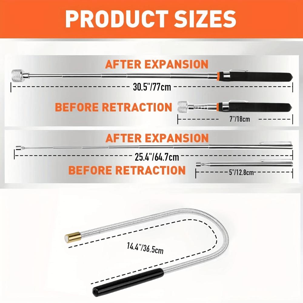 3-Piece Magnetic Pickup Tool Set - Telescoping 7-30.5 Inch & 5-25 Inch Flexible Retrievers with High-Strength Magnets, Durable