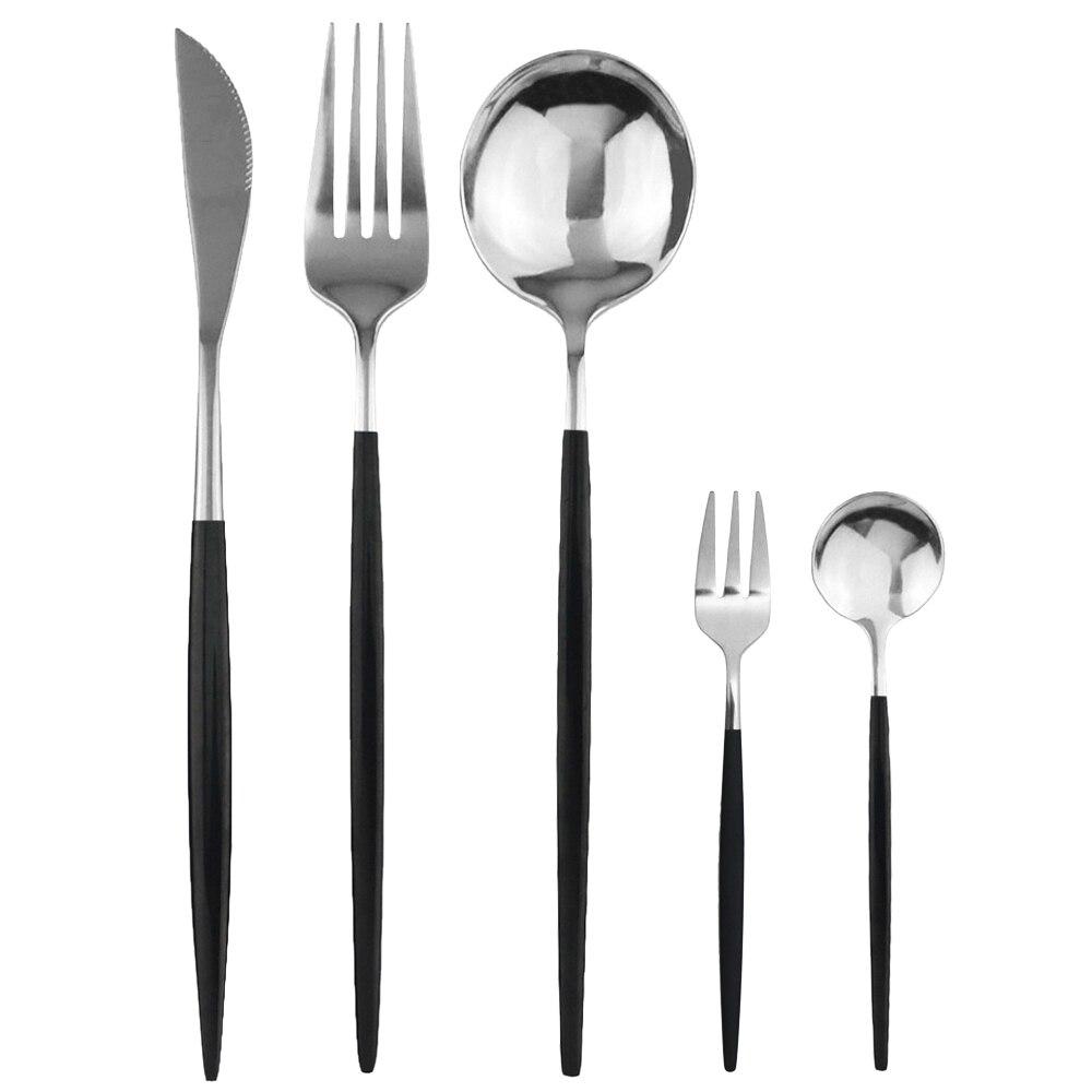 5Pcs Black Gold Dinnerware Set Knife Fork Spoon Flatware Set Stainless Steel Tableware Set Kitchen Cutlery Fruit Fork Silverware