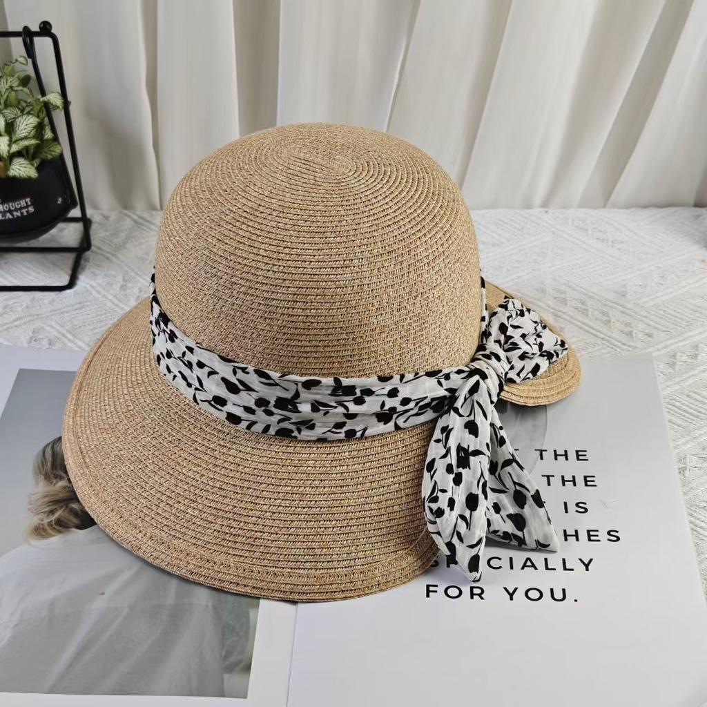 New straw hat women's summer travel sun hat back opening floral bow bucket hat straw woven wide brim sun protection hat