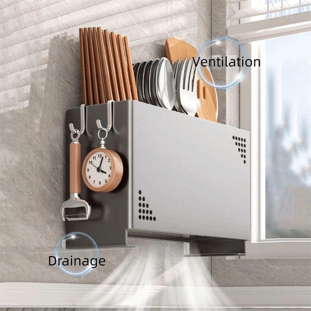 Carbon Steel Chopsticks Storage Box Large Capacity Wall Mounted Cutlery Drying Basket Space Saving with Drain Tray