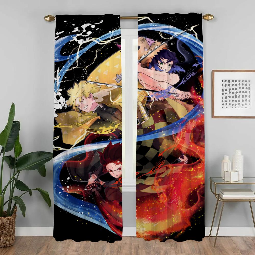 Demon Slayer Elegant Room Curtains for Living Room Halloween Decoration Home Interior Curtains 2 Pieces Tulle for Bedroom Shades