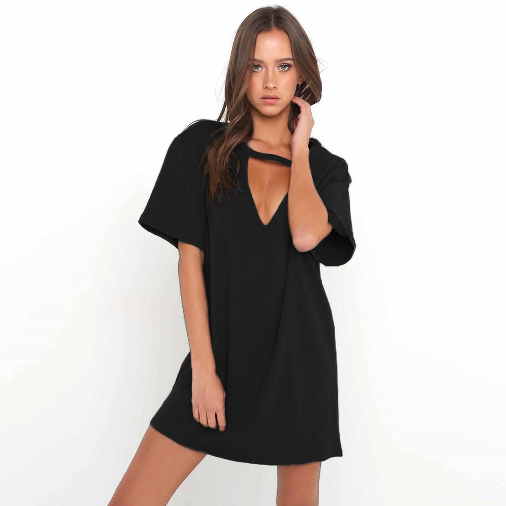 Women's Summer New Sexy V Neck Halter Cut Out Mini Dress Short Sleeve Solid Color Casual Club Party T-Shirt Dress