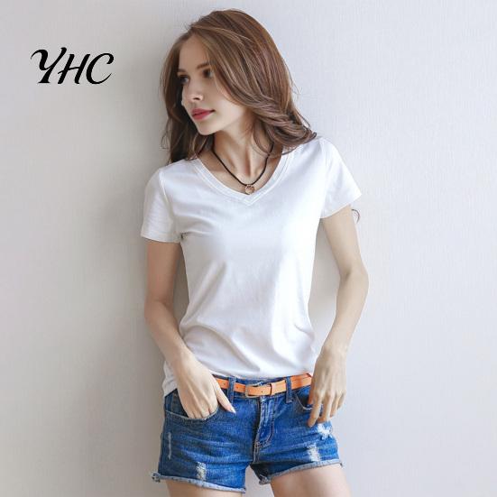 Round Neck Tee Women Summer T-shirt V-neck Short Sleeve Slim Fit Shirt Solid Color Pullover Tops Stretchy Bottoming Streetwear