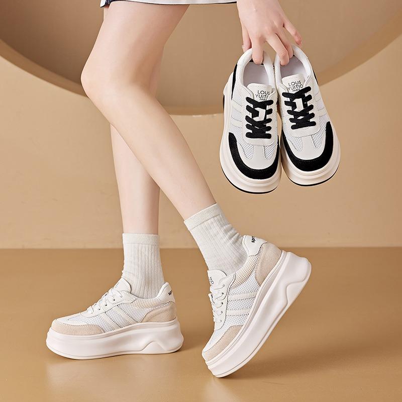Leather mesh white shoes women's thick-soled inner height increase dad shoes women's lace-up casual student shoes women