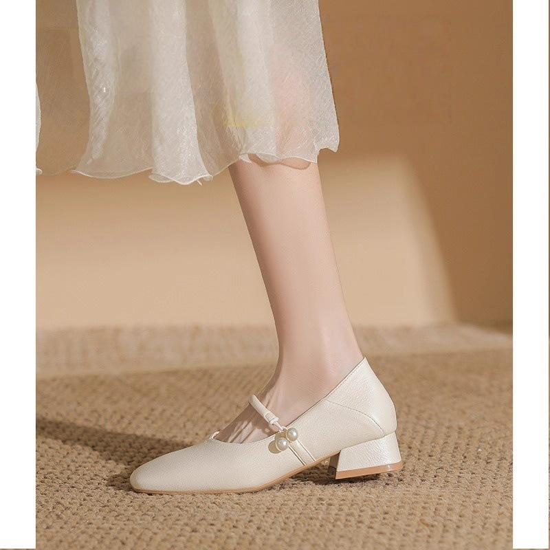 Super soft!! Leather French low heel square head nude Mary Jane shoes cheongsam single shoes work leather shoes commuter women's shoes
