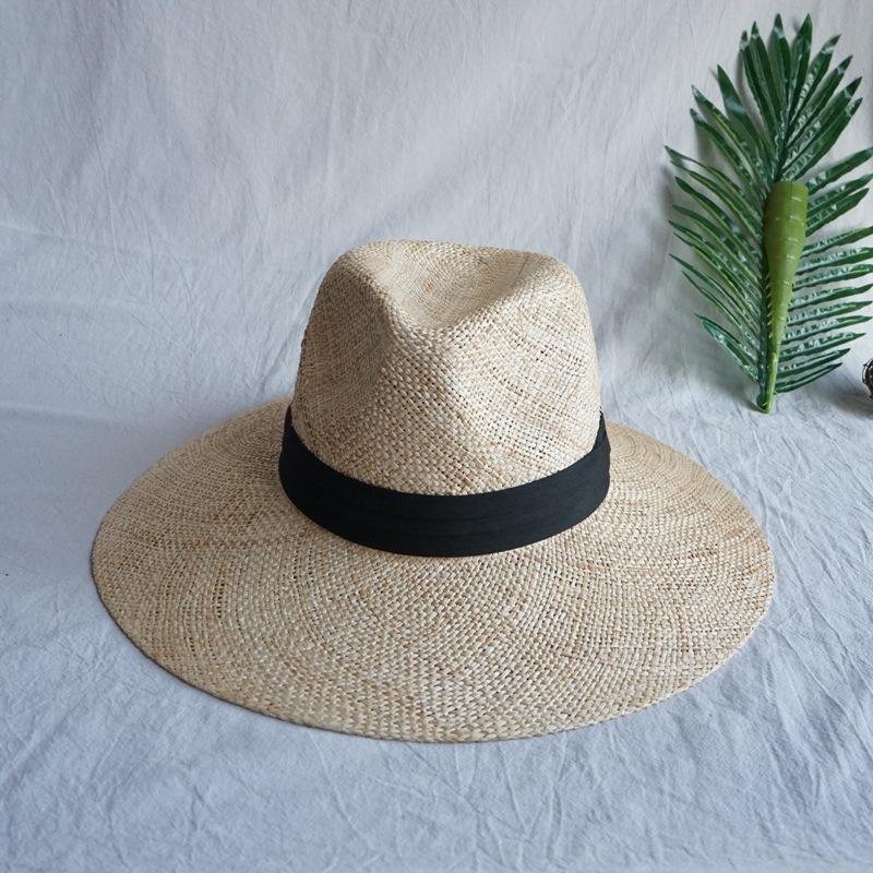 

Wide Brim Straw Sun Hat for Women Panama Hat Natural Grass Beach Hat Formal Jazz Fedora Hat Church Performance Dance Hat Band чорний