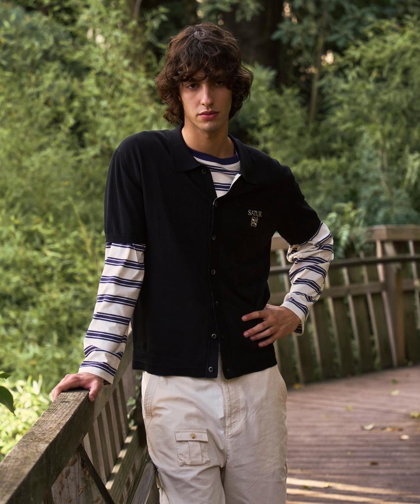 Seteo Font Embroidered Stripe Long Sleeve Navy