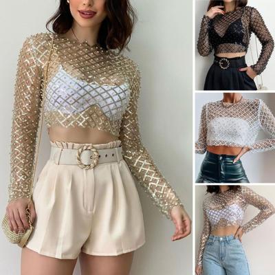 Women's Sexy Mesh Beaded Sequin Long Sleeve Top T-Shirt Fashion Casual Elegant Shirt for Woman