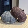 New Octagonal Hat for Women in Autumn and Winter Retro Face Showing Little Bud Painter Hat Trendy and Versatile Classic Plaid Pumpkin Beret