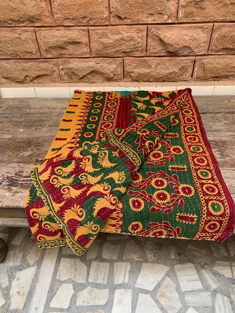 Handmade Kantha Quilt Throw: Vintage Sari Patchwork, Reversible Boho Blanket