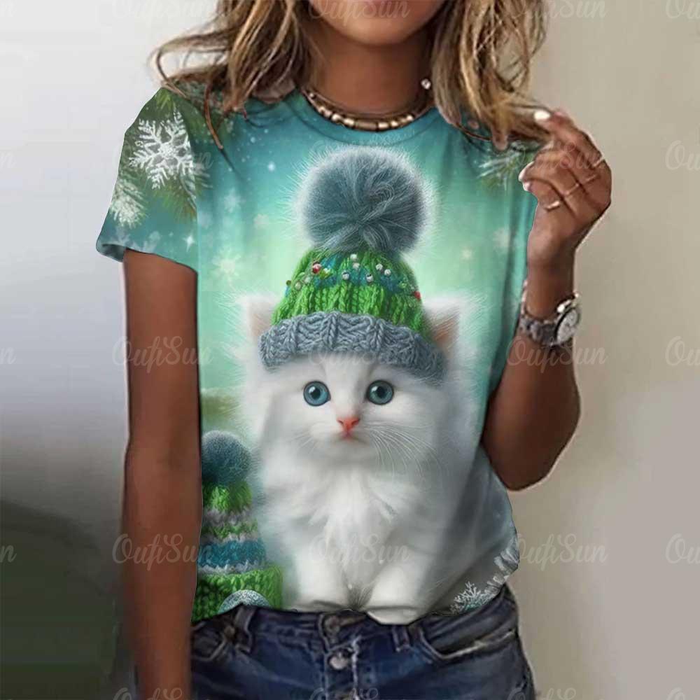 Damen Niedliches Katze Kurzarm T-Shirt Weihnachten Tiere Aufdruck Rundhals T-Shirt 2024 Mode Kleidung Sommer Lässig Oversize