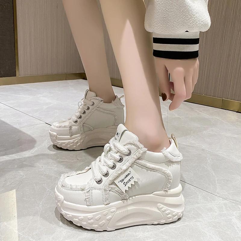 

Autumn Women Platform Shoes Wedge Heels 10 CM Casual Shoes Height Increasing White Black Sneakers Women Leather Shoes New 34