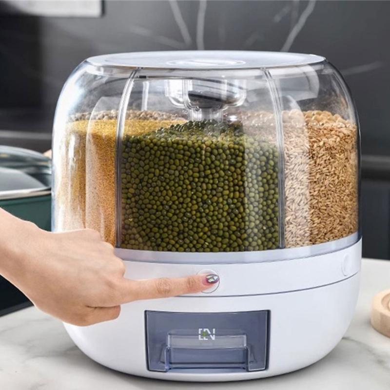 Household Grains Storage Container with 6 Unit Convenient Dry Cereal Organizers Bucket Sealed Rotating Rice Dispenser