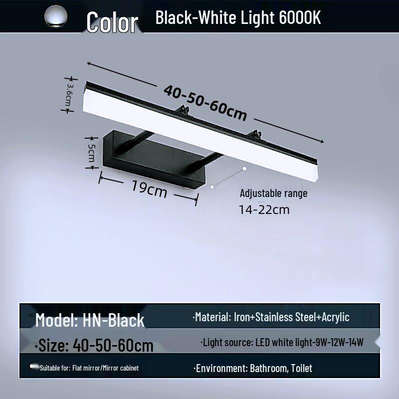 Waterproof LED Vanity Light with Retractable Bracket and Mist-Proof Acrylic Shade for Bathroom Mirrors.
