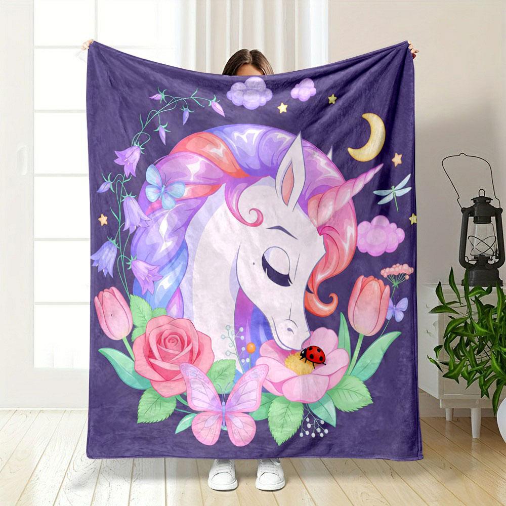 

1PC Purple Dream Unicorn Print Blanket Home Travel Camping for Adults and Kids Luxury Gifts Picnic Blanket Multiple Sizes 75x90cm