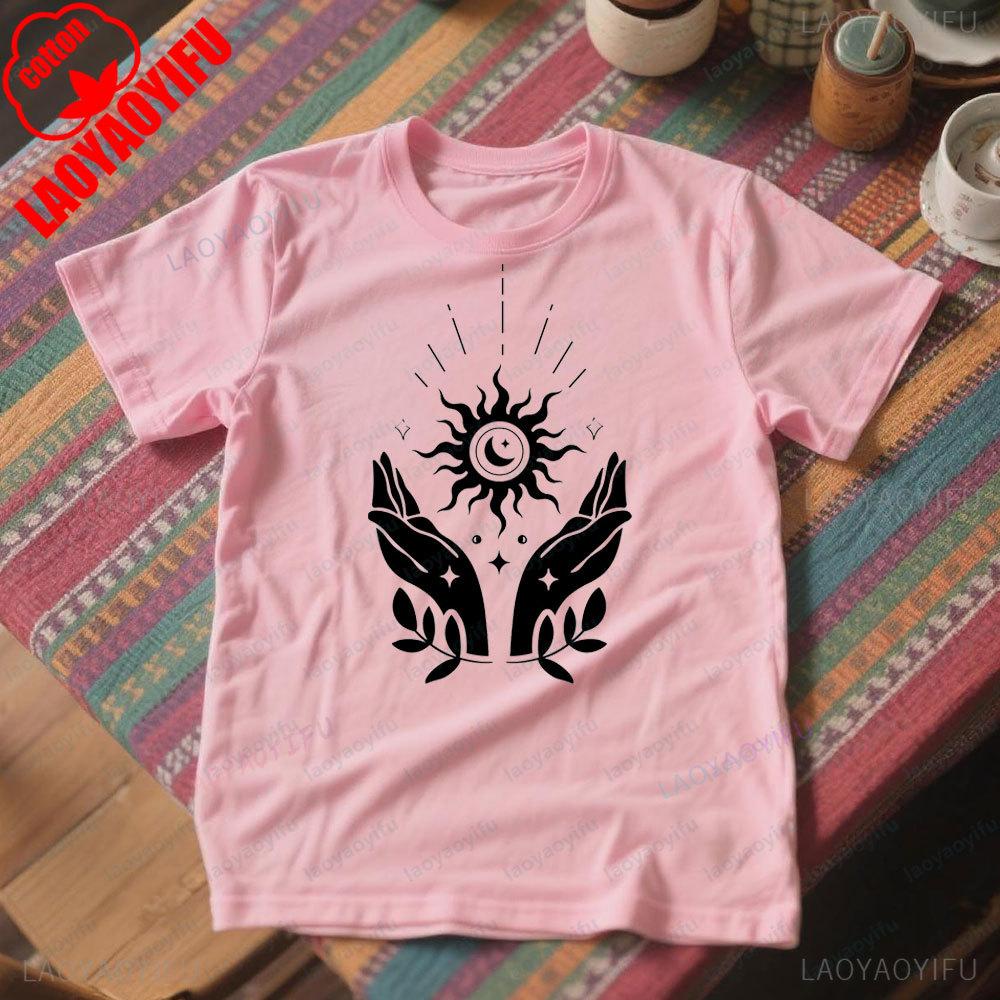 Boho Sun Moon Hands Nature TShirt Celestial Graphic Tee Men Women Casual Crewneck Cotton Shirt Creative Pattern Streetwear