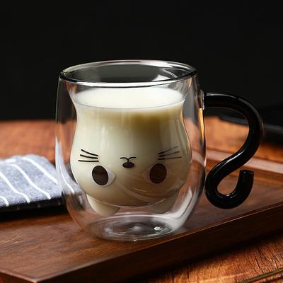 250ml Verre à Double Paroi Chat Cartoon Mignon Tasse à Café Thé Résistante à la Chaleur Mug avec Anse Tasse à Espresso Pour Latte Cappuccino