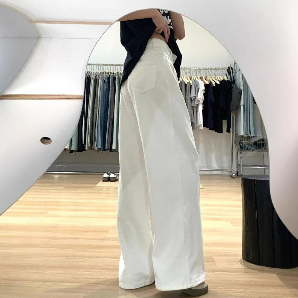 Fashionable Comfortable Drapey Folded White Jeans Women Years High Waist Trailing Floor Straight Wide Leg Trousers Jeans for Women Long Denim Pants