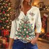 Women's Fashion Casual Christmas Print V-Neck Button Three-Quarter Sleeve T-Shirt Blouse