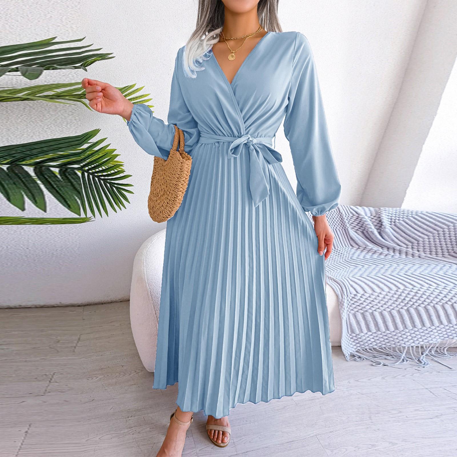 

Женское однотонное длинное платье с высокой талией, длинными рукавами, поясом, V-образным вырезом и складками XL