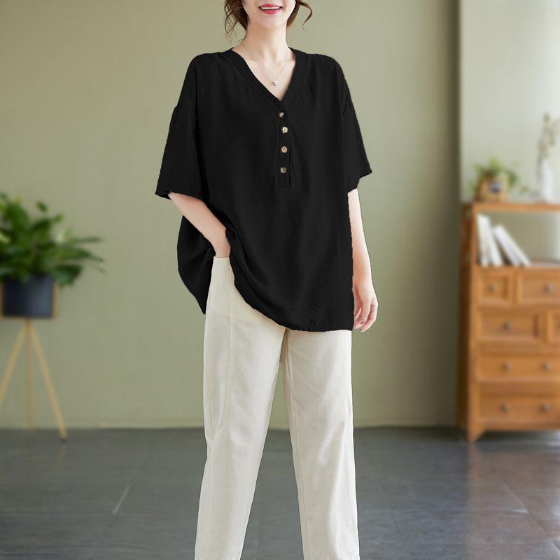 Sommer Damen Leinenmischung Bluse Locker V-Ausschnitt Kurzarm Lässiges Oberteil