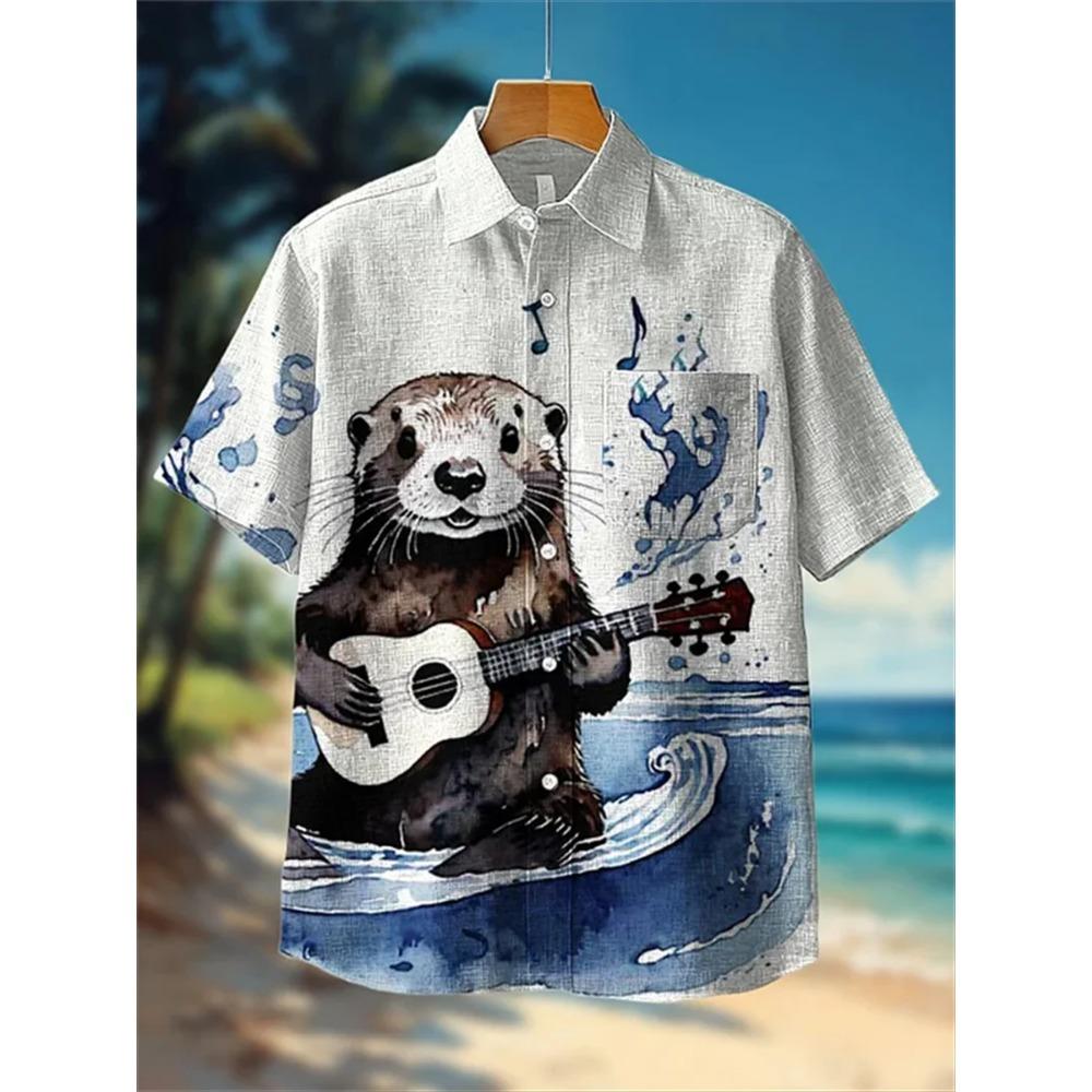 Animal Pattern, Fashion Trend, Street Outdoor, High-Quality And Comfortable Linen Men's Short Sleeved Casual Shirt