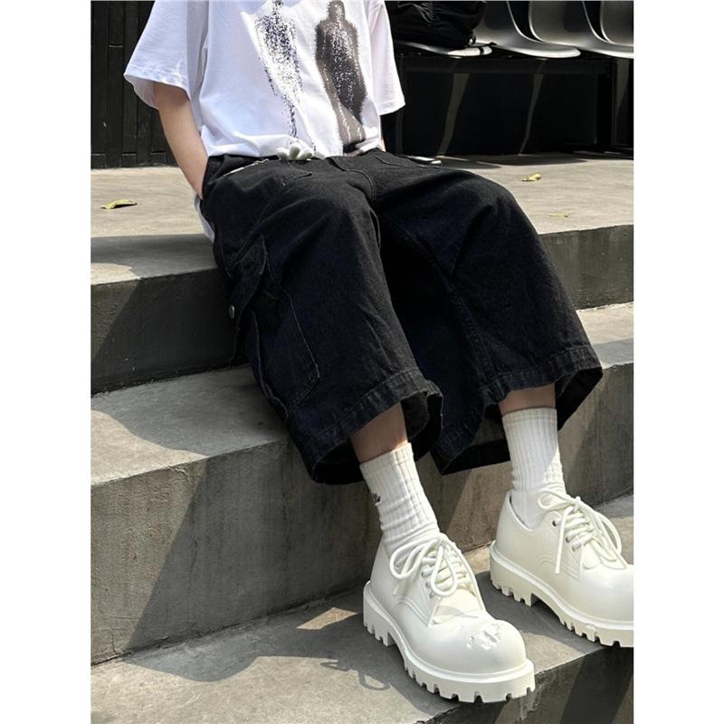 American High Street Retro Washed Big Pocket Wide Leg Seven-point Jeans Men's and Women's Summer Loose Tooling Trousers