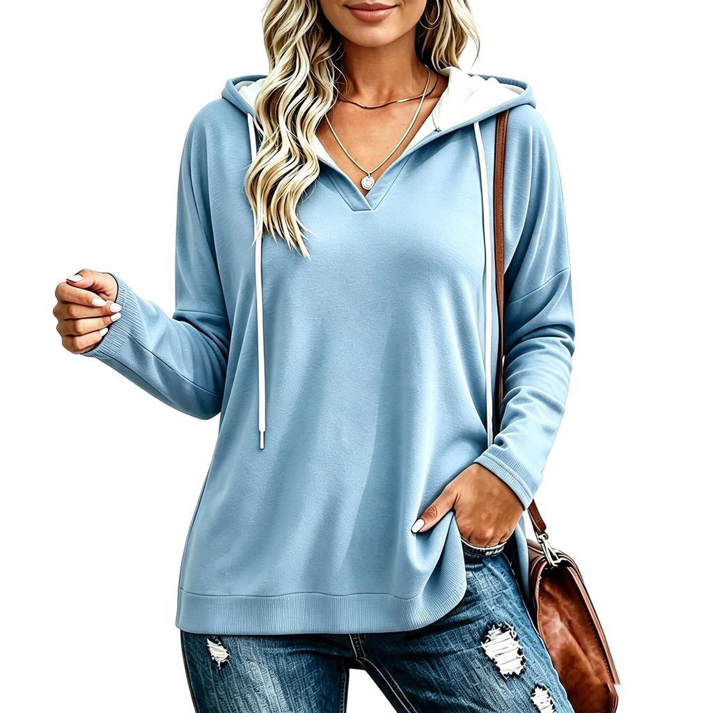 Women's Lightweight V-Neck Long Sleeve Hoodie Casual Pullover