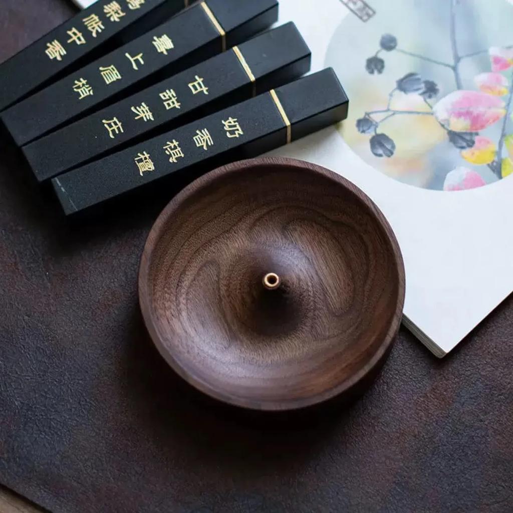 Handmade Tea Ceremony Round Incense Burner North American Black Walnut Solid Wood Incense Stick Agarwood Tray Holder
