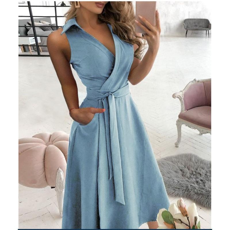Damen Sommerkleid Ärmellos V-Ausschnitt Bedruckt Hüfttasche Rock Taille Figurbetont Business-Stil Einfarbig Elegant Langer Rock