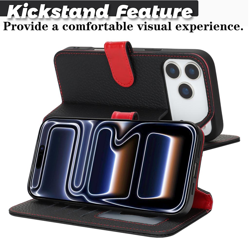 For iPhone 17 Pro Max Stand Case Litchi Texture Genuine Cow Leather Wallet Phone Cover RFID Blocking