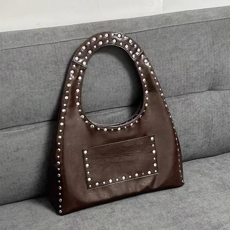

Retro Rivet Underarm Shoulder Bag,Wasteland Style Metal Stud Motorcycle Bag,Oil Wax Leather Women Handbag Brown Side Tote Bags
