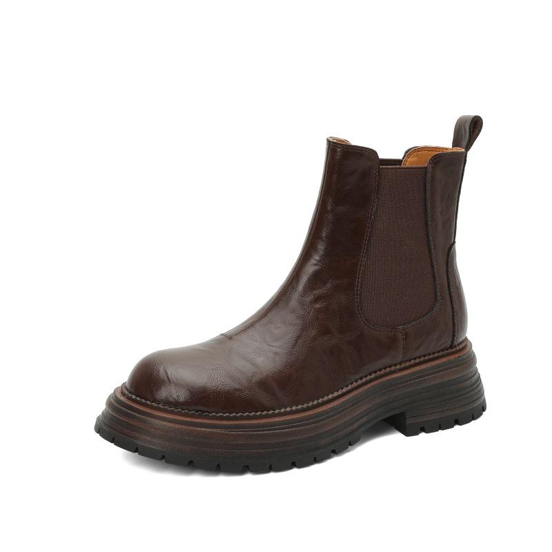 Chelsea Boots for Women with Sheep Pattern and One Foot Pedal Retro Short Boots for Women with Autumn and Winter Thick Sole British Style