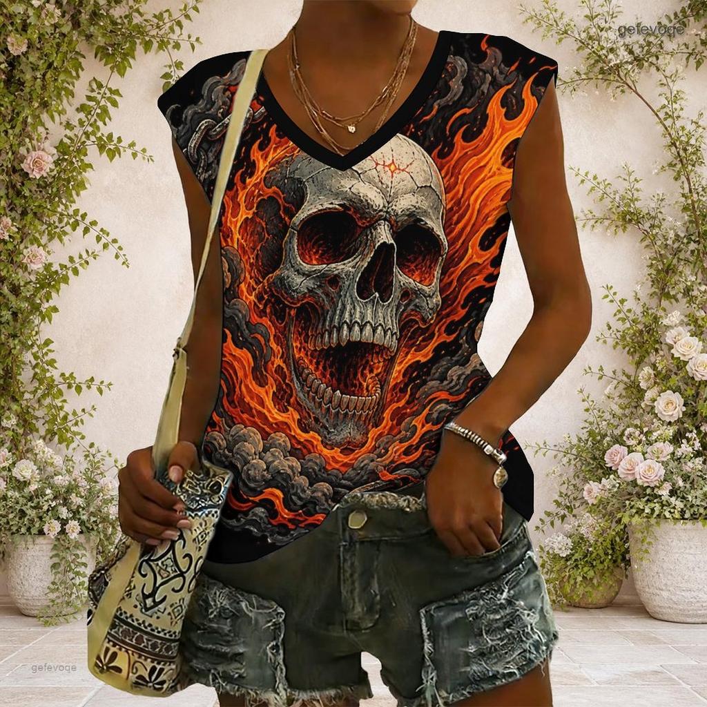Women Plus Size V Neck Wide Short Sleeve Fire Phoenix Printed Black Straight Hem T Shirt