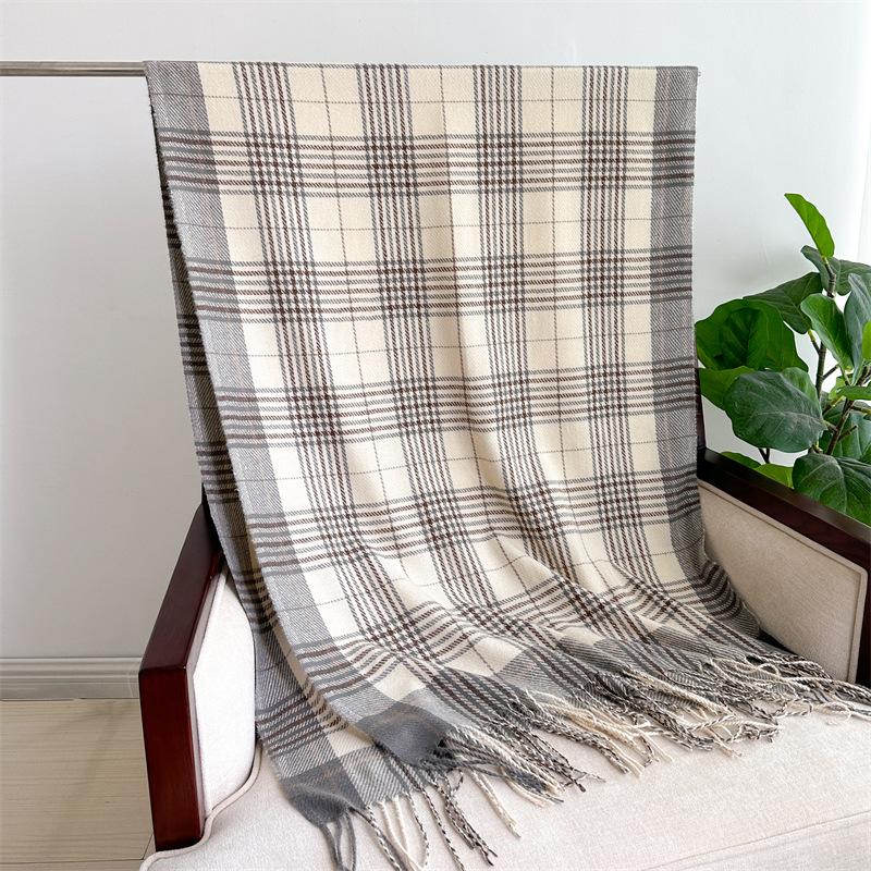 Plaid Imitation Cashmere Scarf Korean Version Simple And Versatile Warm Scarf Women'S Thickened Fringed Shawl