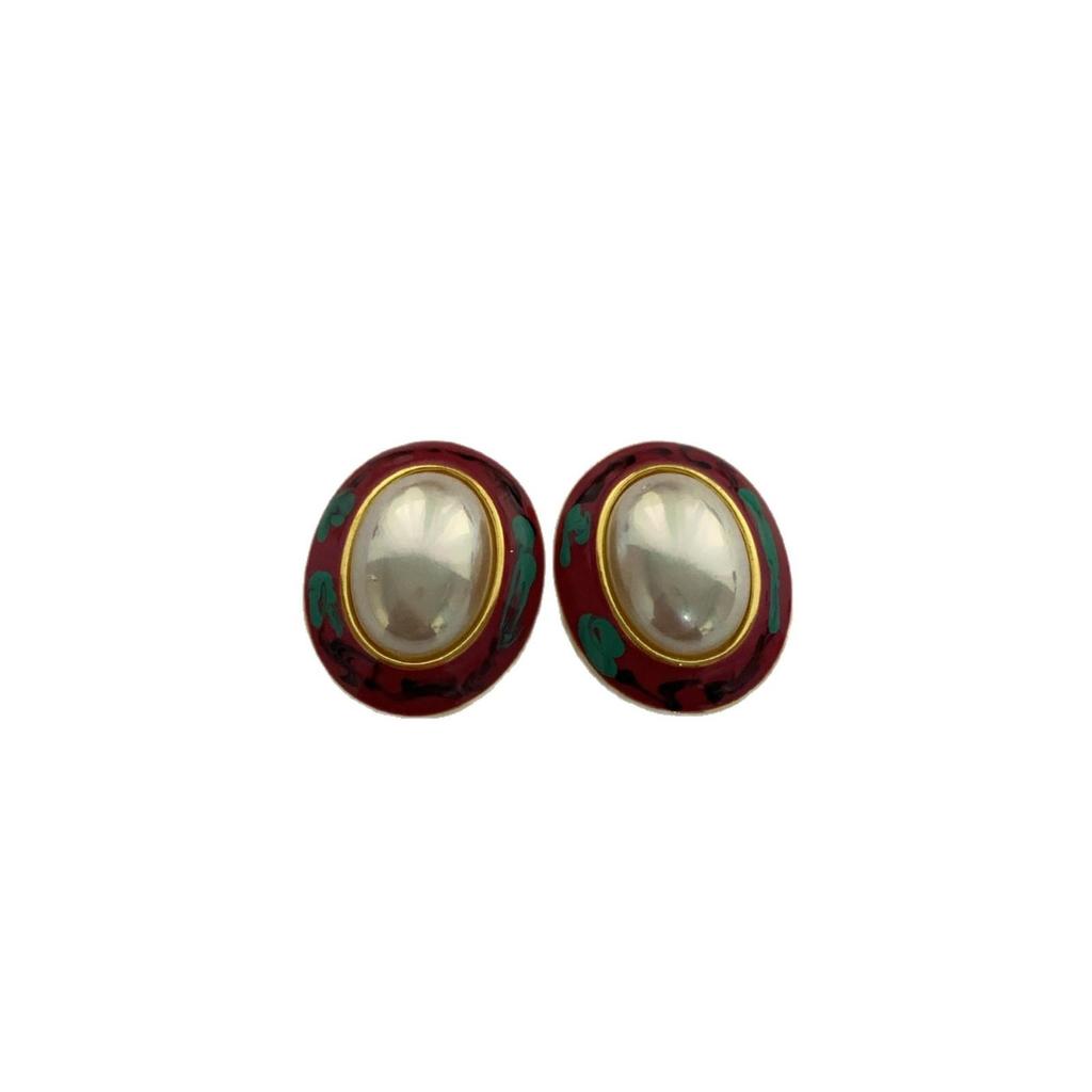 Oval Symphony Pearl Stud Earrings Contrasting Color Painted Texture Retro Art Exquisite Premium Earrings