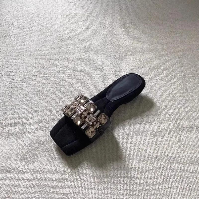 2025 New Shoes for Women Summer Outdoor Peep Toe Modern Slippers Solid Rhinestone Square Heel Advanced Sense Women's Slippers