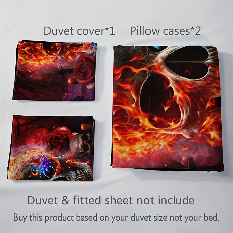 Colorful Rose Skull Flame Duvet Cover Set - Soft and Breathable Bedding for Bedroom, Guest Room, and Dorm Decor With Pillowcases